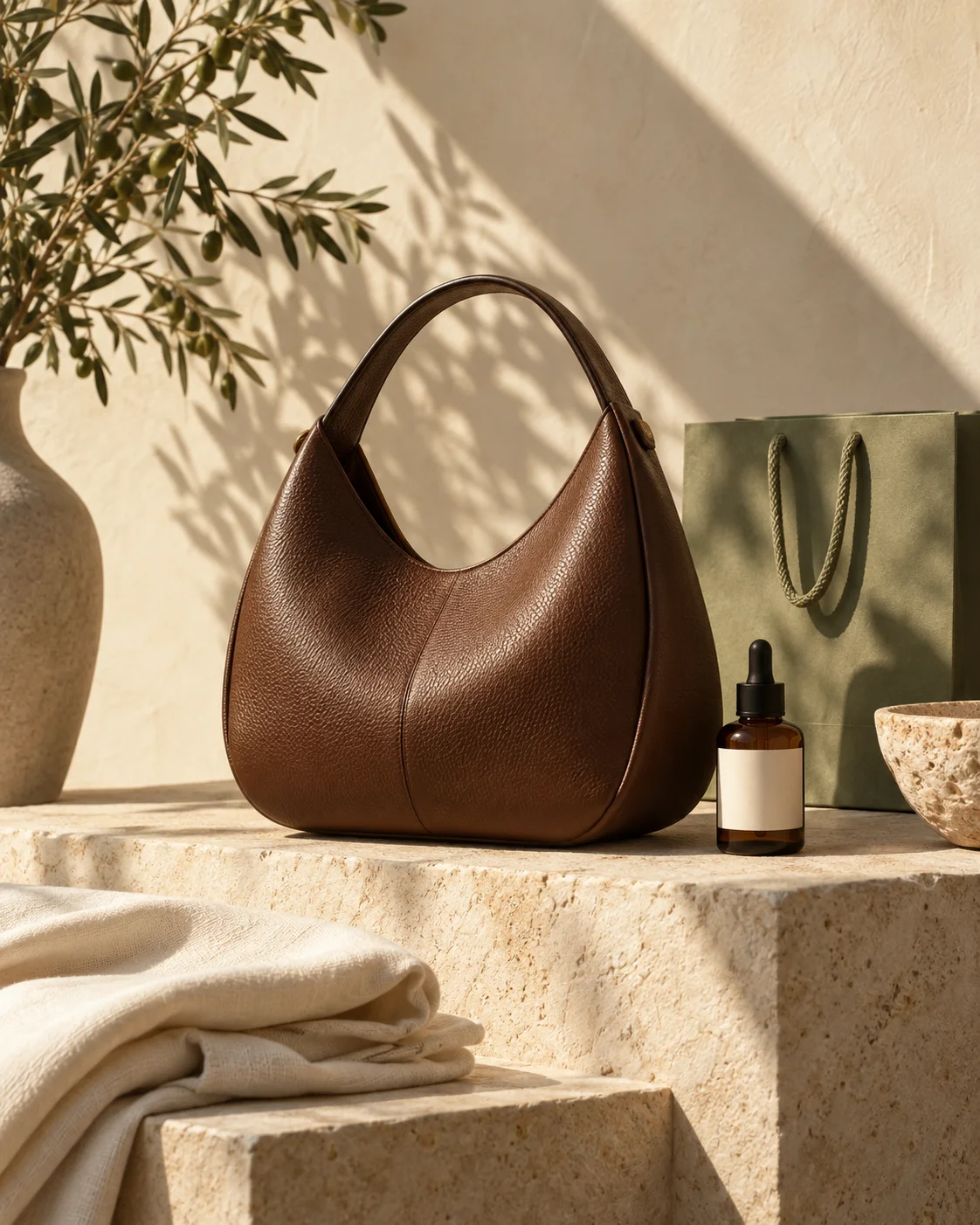 A brown leather handbag, skincare bottle, and shopping bag in warm sunlight
